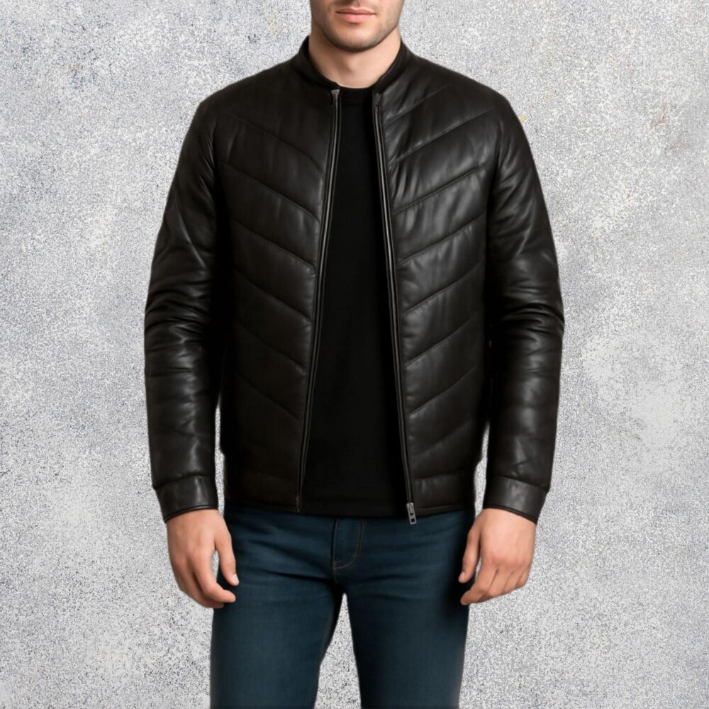 Landon Black Leather Puffer Jacket for Men