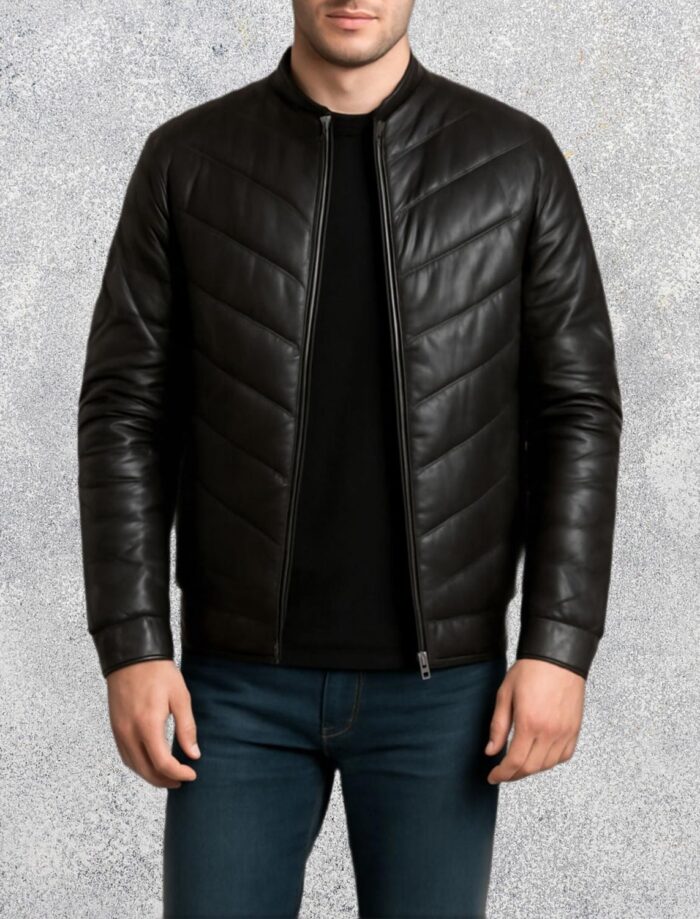 Landon Black Leather Puffer Jacket for Men