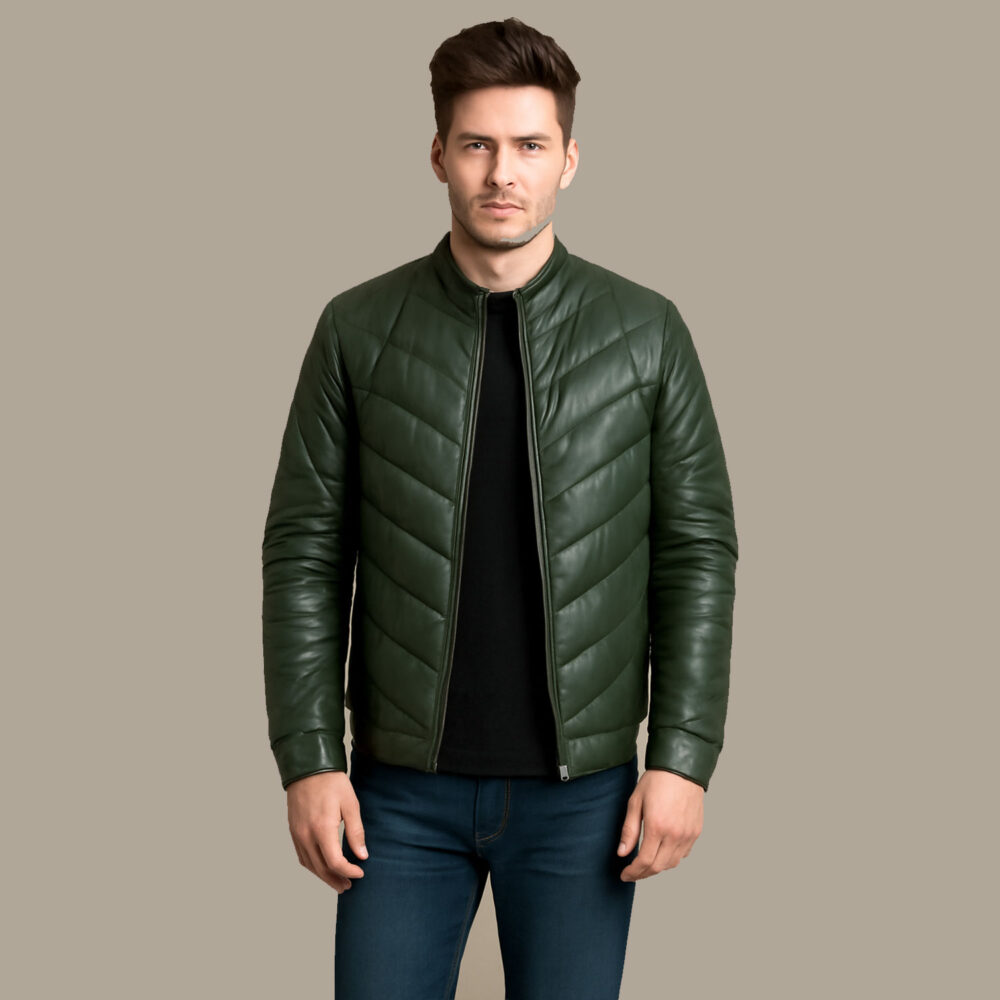 Landon Green Leather Puffer Jacket for Men