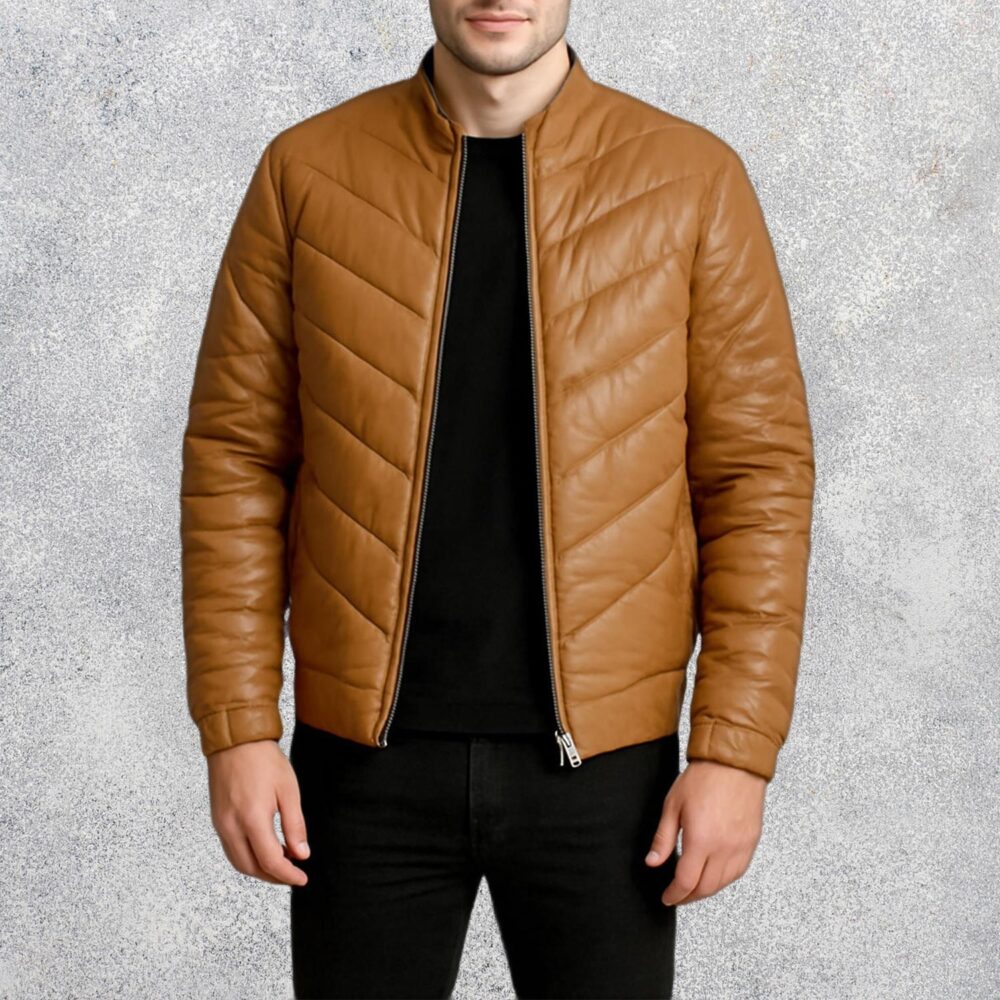 Landen Tan Leather Puffer Jacket for Men