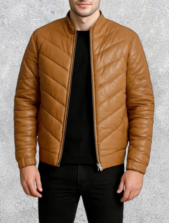 Landen Tan Leather Puffer Jacket for Men