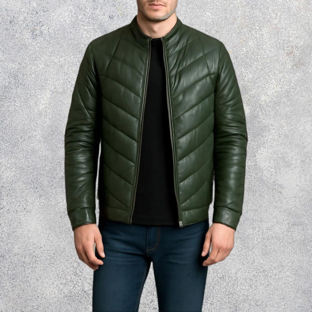 Landon Green Leather Puffer Jacket for Men