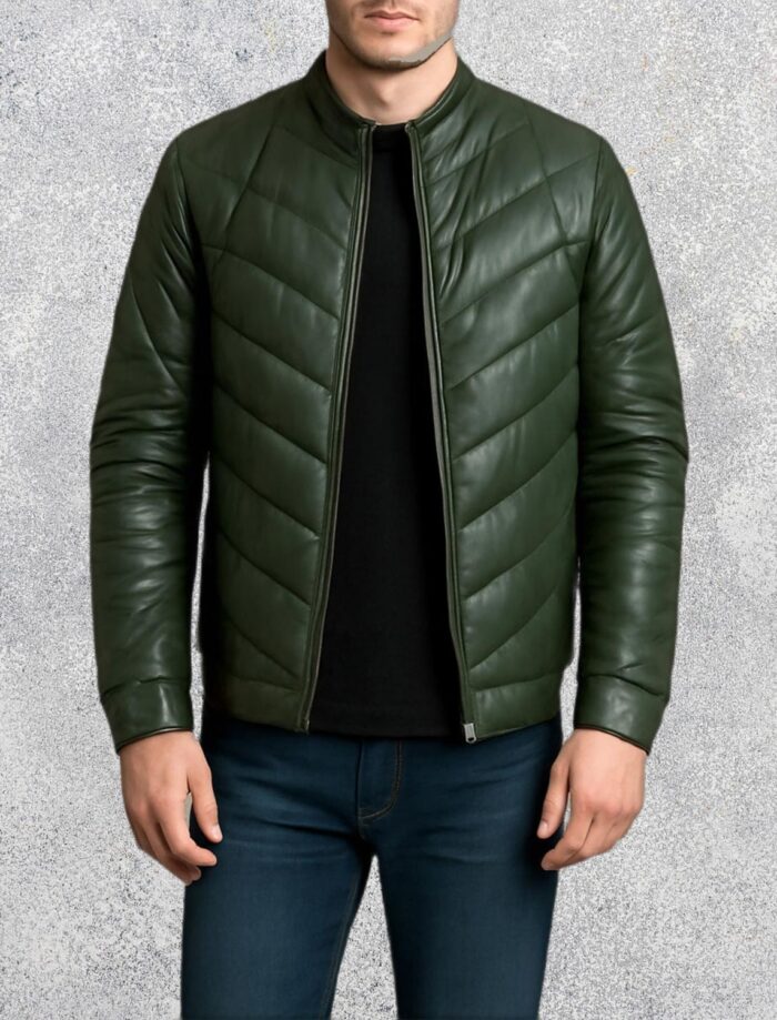 Landon Green Leather Puffer Jacket for Men
