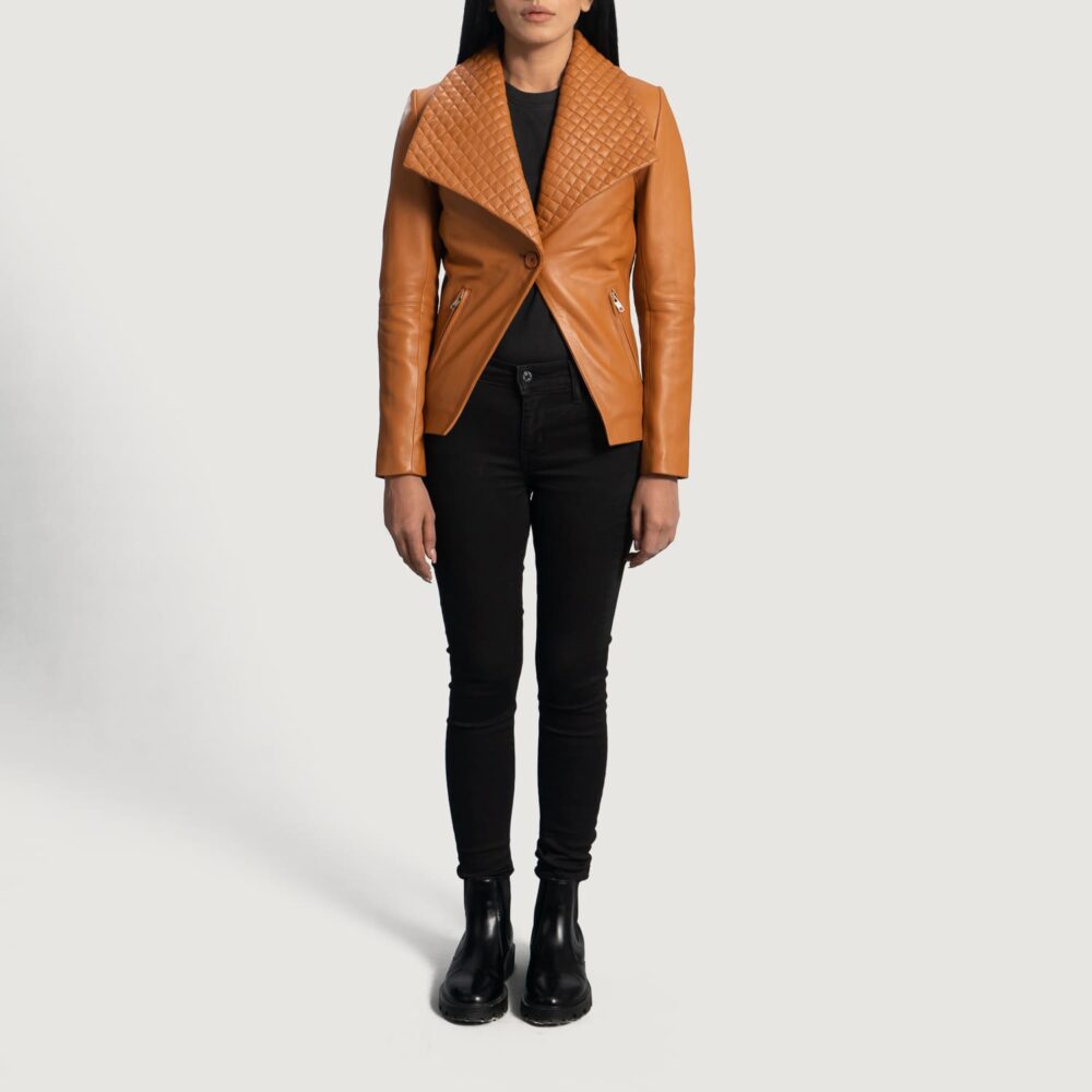 Elara Tan Brown Leather Blazer for Women