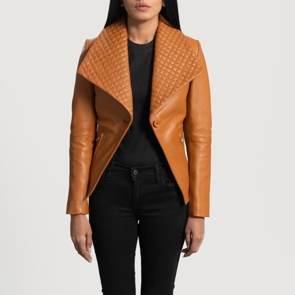 Elara Tan Brown Leather Blazer for Women