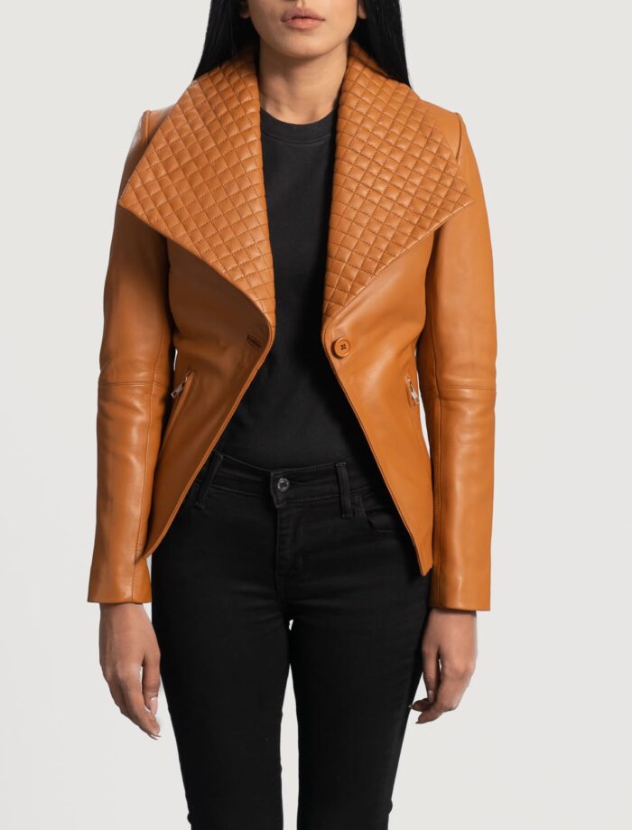 Elara Tan Brown Leather Blazer for Women