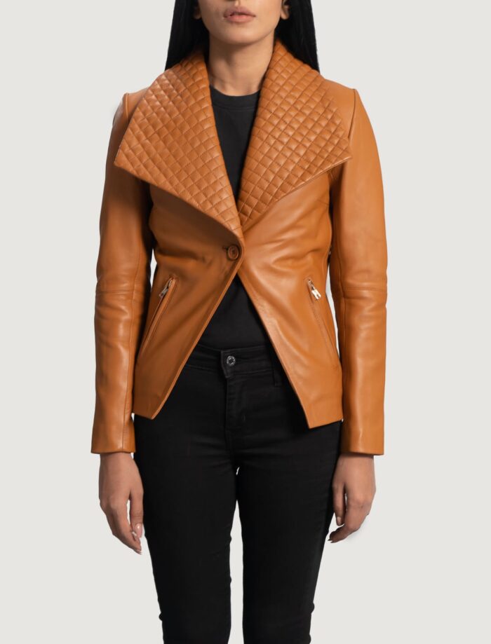 Elara Tan Brown Leather Blazer for Women