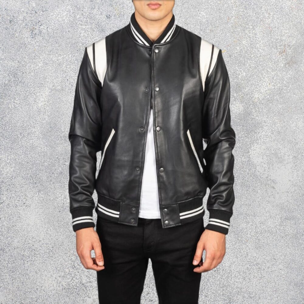Vandro Black & White Leather Varsity Jacket for Men