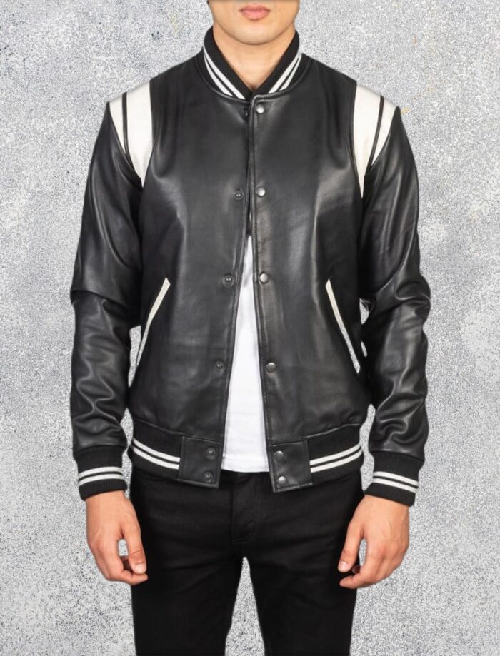 Vandro Black & White Leather Varsity Jacket for Men