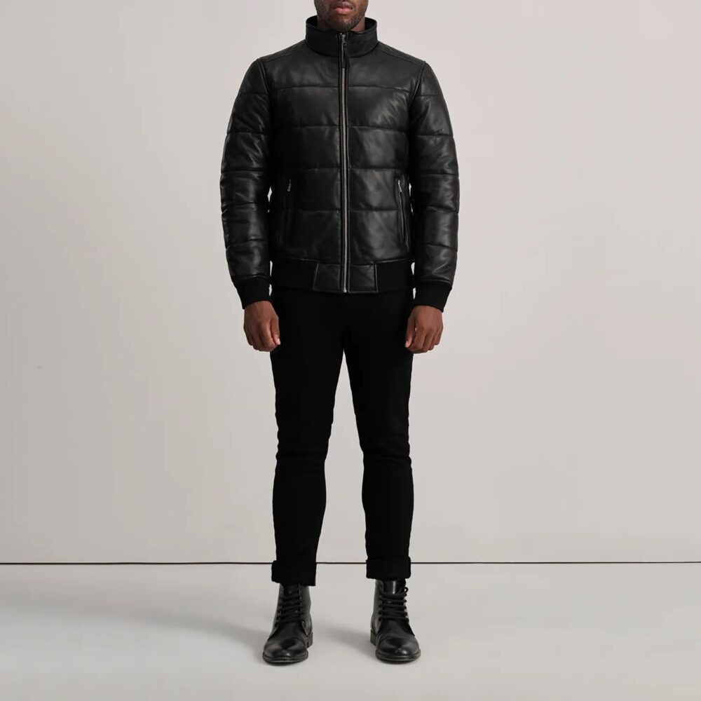 Aiden Black Leather Puffer Bomber Jacket for Men