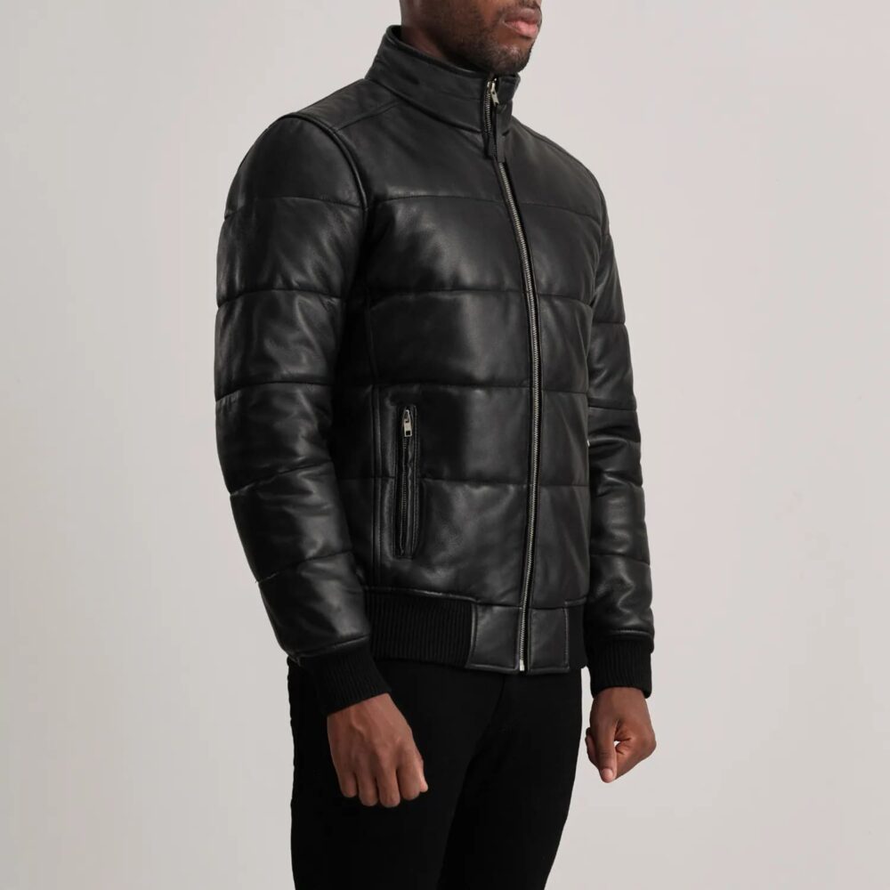 Aiden Black Leather Puffer Bomber Jacket for Men