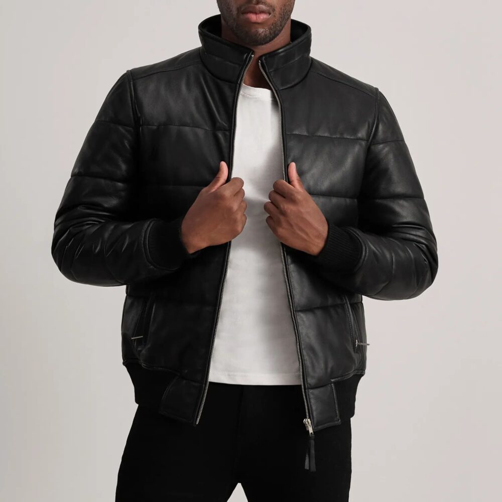 Aiden Black Leather Puffer Bomber Jacket for Men