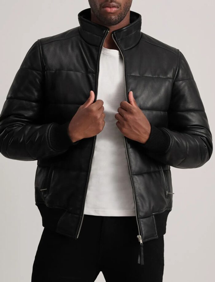 Aiden Black Leather Puffer Bomber Jacket for Men