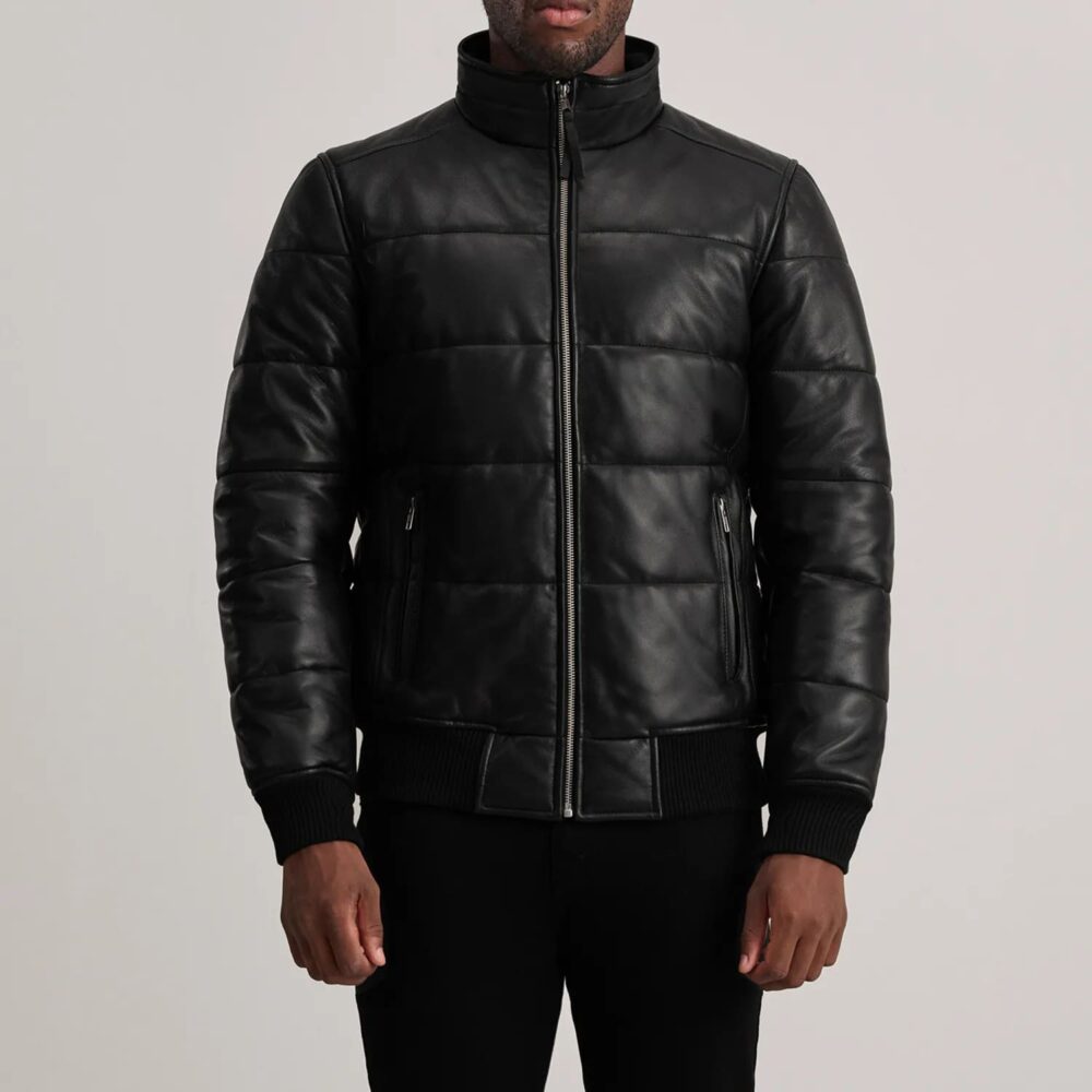 Aiden Black Leather Puffer Bomber Jacket for Men