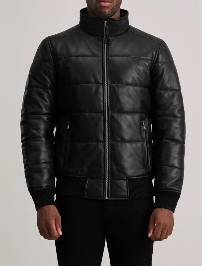 Aiden Black Leather Puffer Bomber Jacket for Men