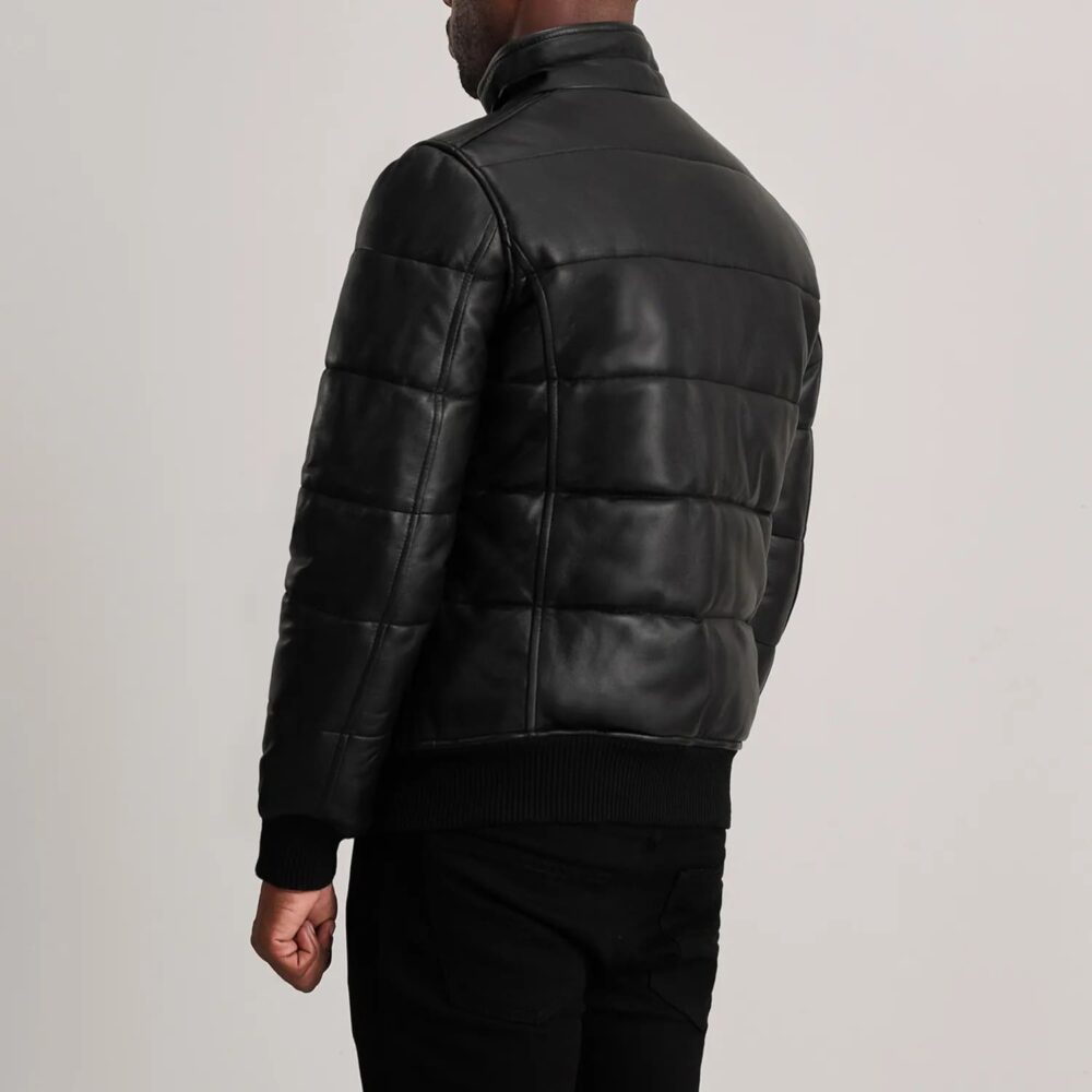 Aiden Black Leather Puffer Bomber Jacket for Men