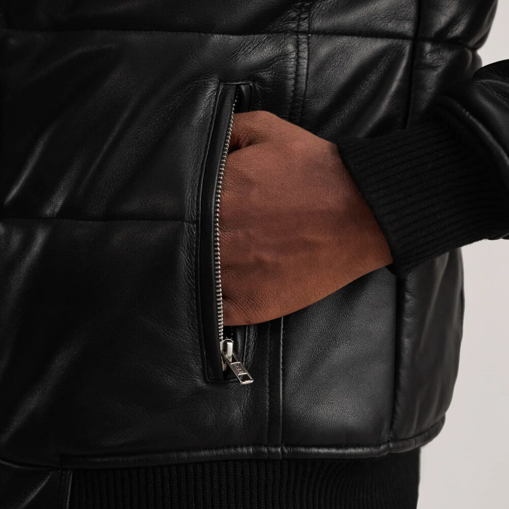 Aiden Black Leather Puffer Bomber Jacket for Men