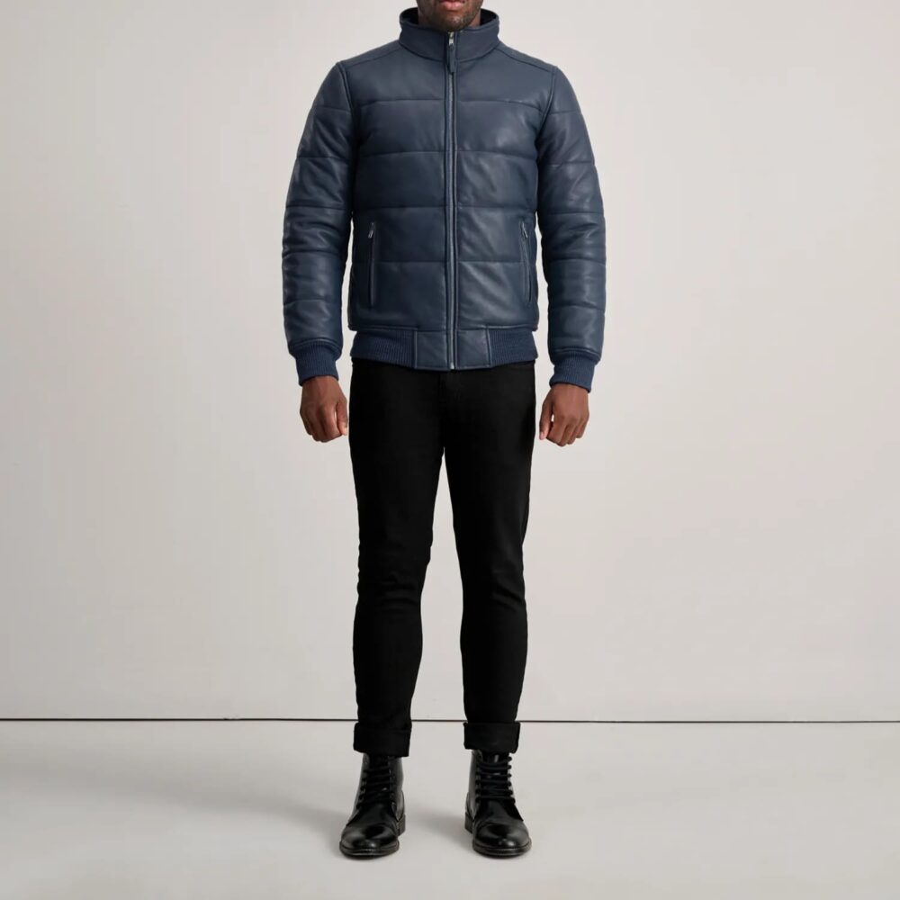 Aiden Blue Leather Puffer Bomber Jacket for Men