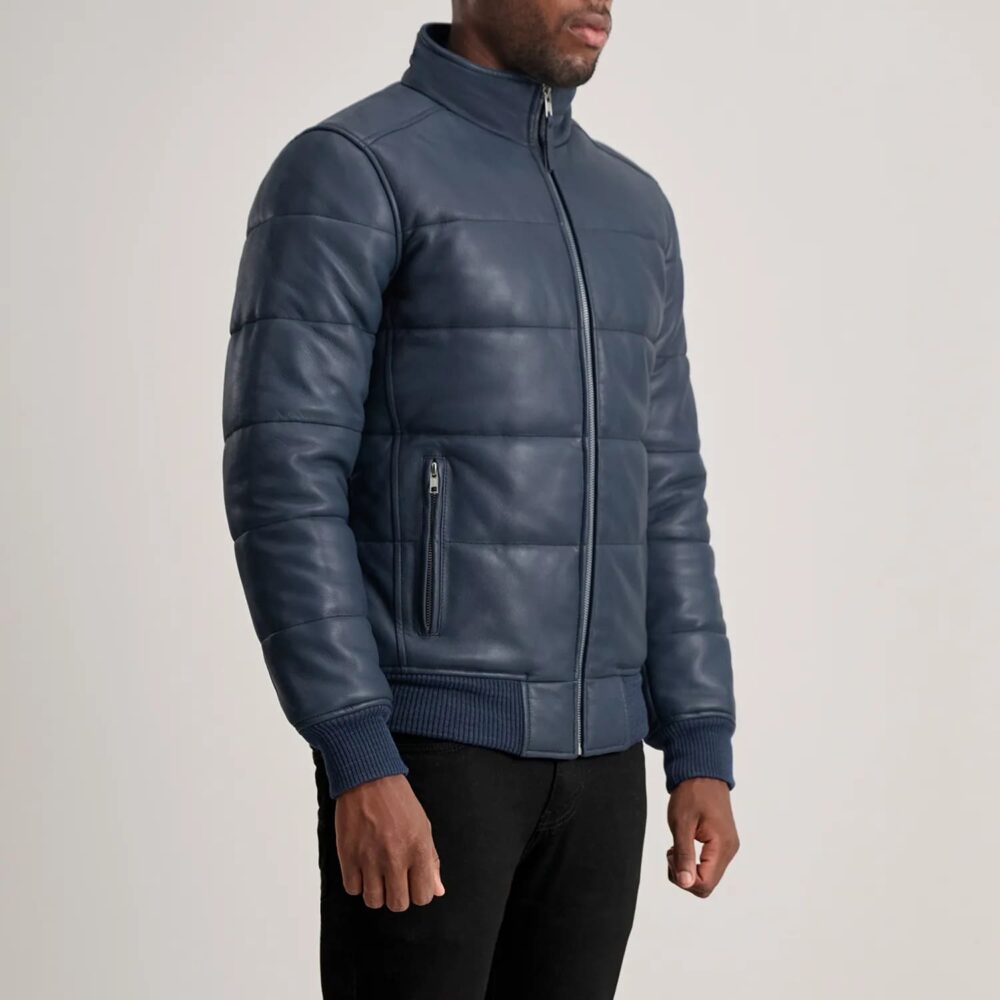 Aiden Blue Leather Puffer Bomber Jacket for Men