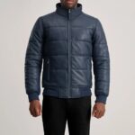 Aiden Blue Leather Puffer Bomber Jacket for Men