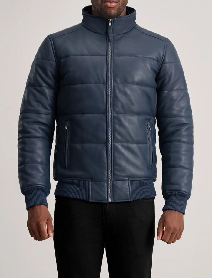 Aiden Blue Leather Puffer Bomber Jacket for Men