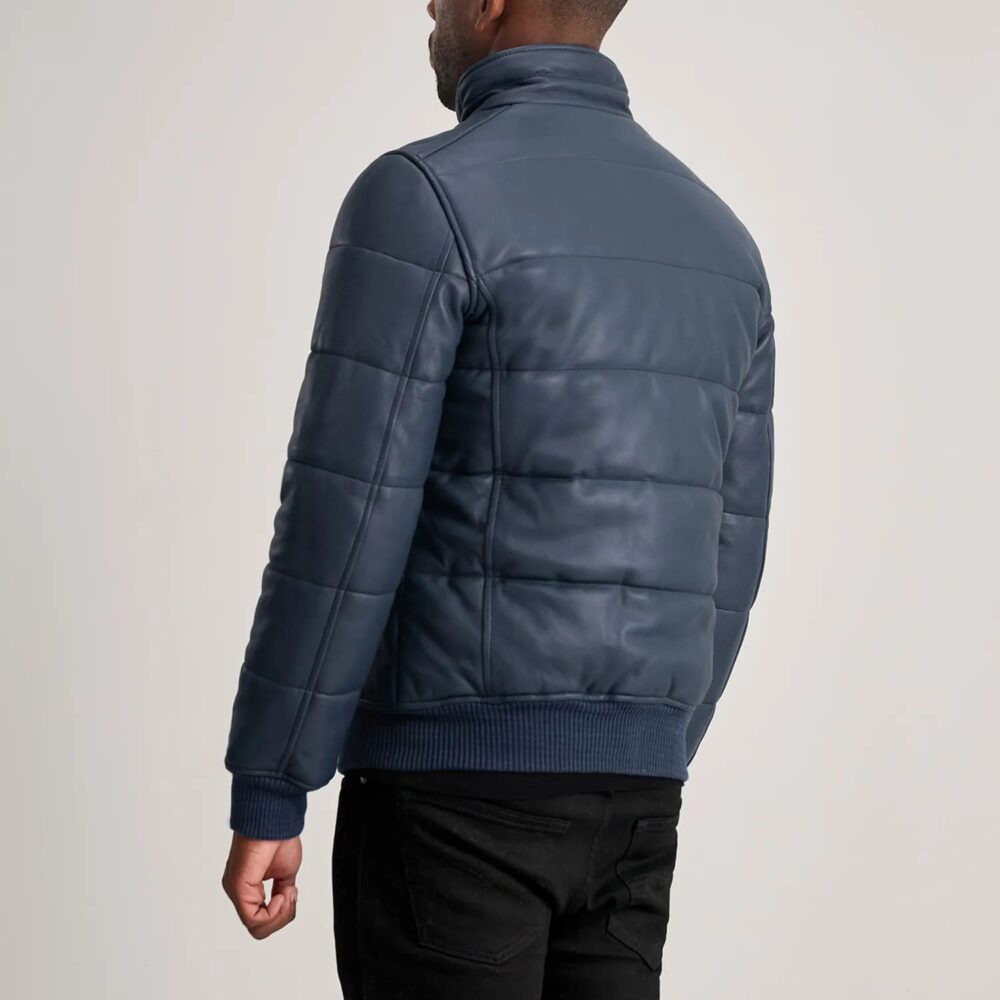 Aiden Blue Leather Puffer Bomber Jacket for Men