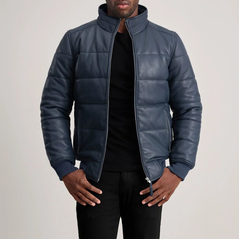 Aiden Blue Leather Puffer Bomber Jacket for Men