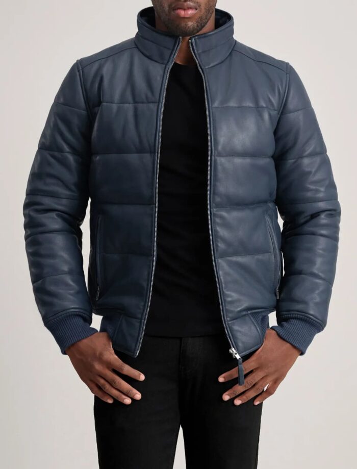 Aiden Blue Leather Puffer Bomber Jacket for Men