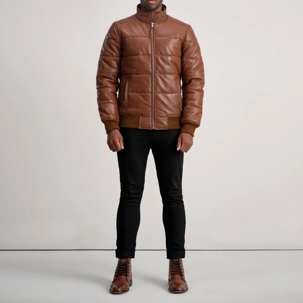 Aiden Brown Leather Puffer Bomber Jacket for Men – Warmth, Style, and Durability