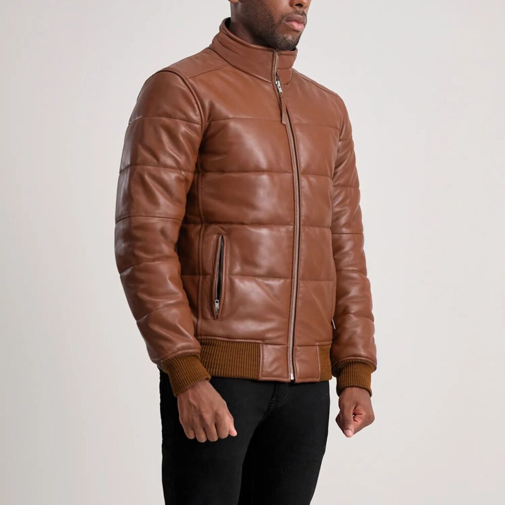 Aiden Brown Leather Puffer Bomber Jacket for Men – Warmth, Style, and Durability