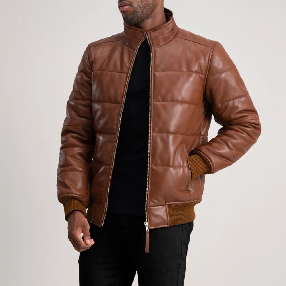 Aiden Brown Leather Puffer Bomber Jacket for Men – Warmth, Style, and Durability