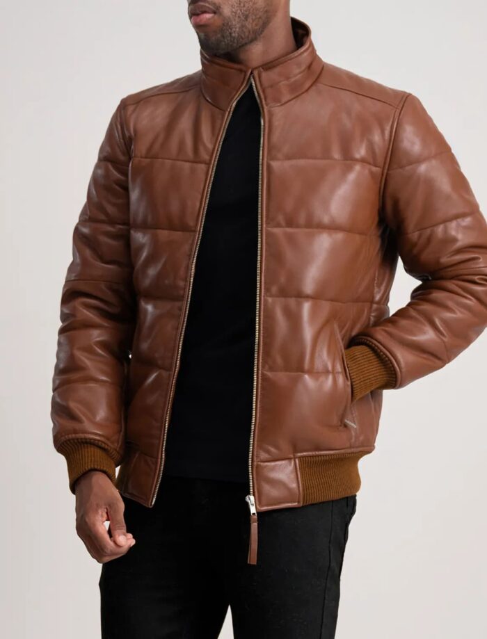 Aiden Brown Leather Puffer Bomber Jacket for Men – Warmth, Style, and Durability