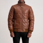 Aiden Brown Leather Puffer Bomber Jacket for Men
