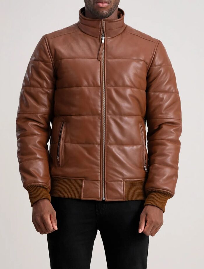 Aiden Brown Leather Puffer Bomber Jacket for Men – Warmth, Style, and Durability