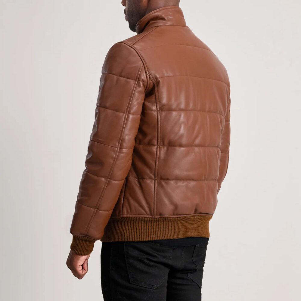 Aiden Brown Leather Puffer Bomber Jacket for Men – Warmth, Style, and Durability