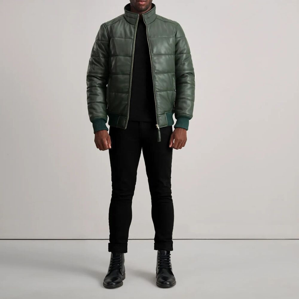 Aiden Green Leather Puffer Bomber Jacket for Men – Bold, Stylish, and Functional