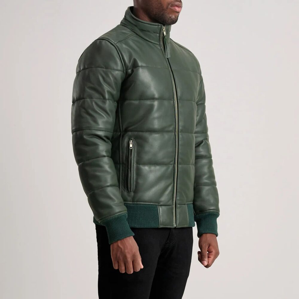 Aiden Green Leather Puffer Bomber Jacket for Men – Bold, Stylish, and Functional