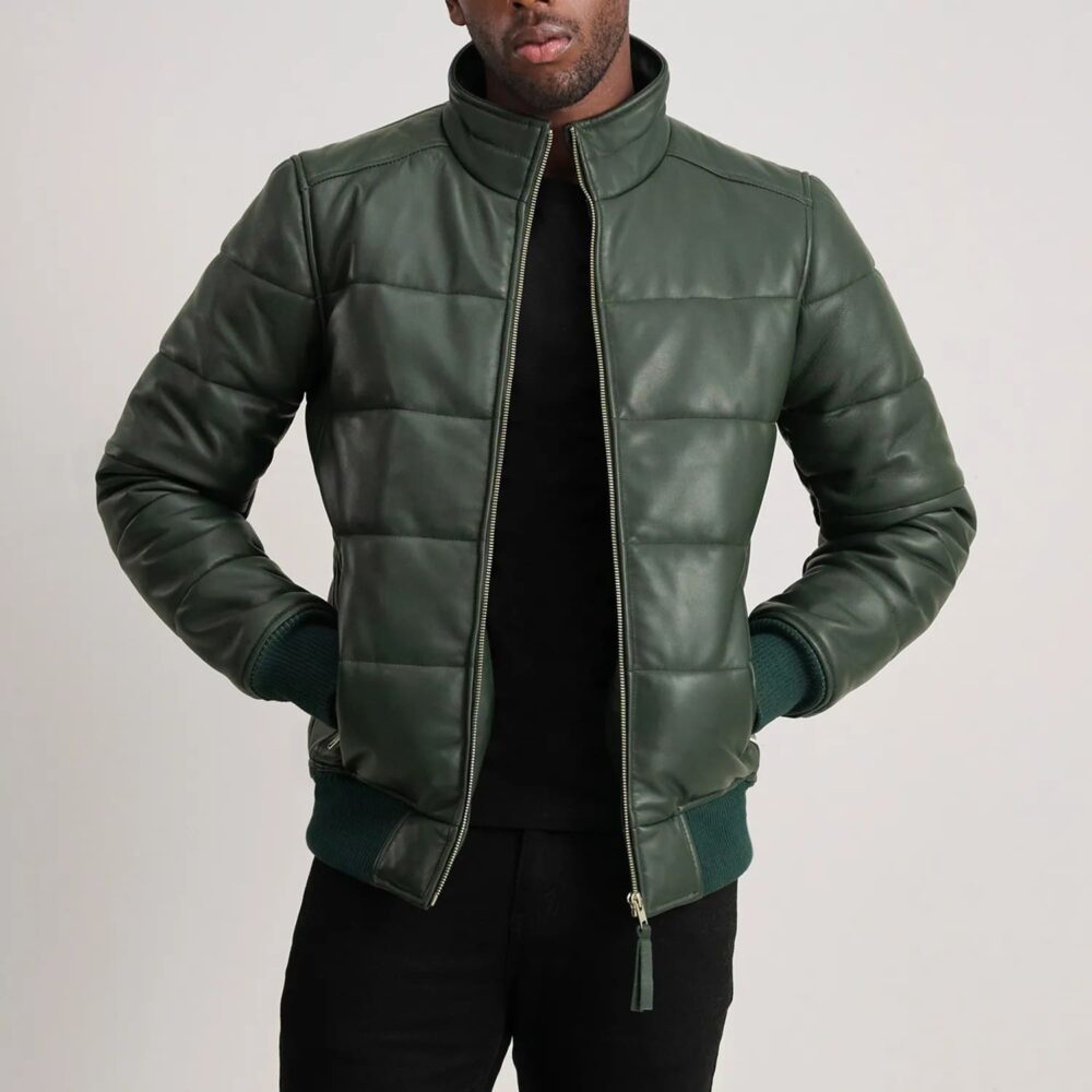 Aiden Green Leather Puffer Bomber Jacket for Men – Bold, Stylish, and Functional