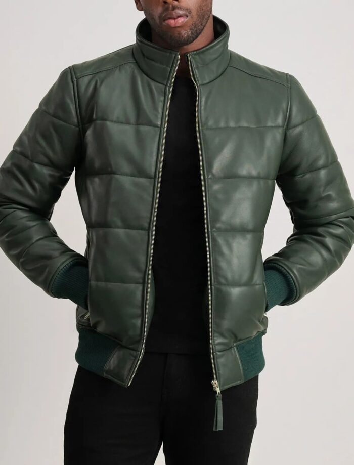 Aiden Green Leather Puffer Bomber Jacket for Men – Bold, Stylish, and Functional