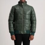 Aiden Green Leather Puffer Bomber Jacket for Men