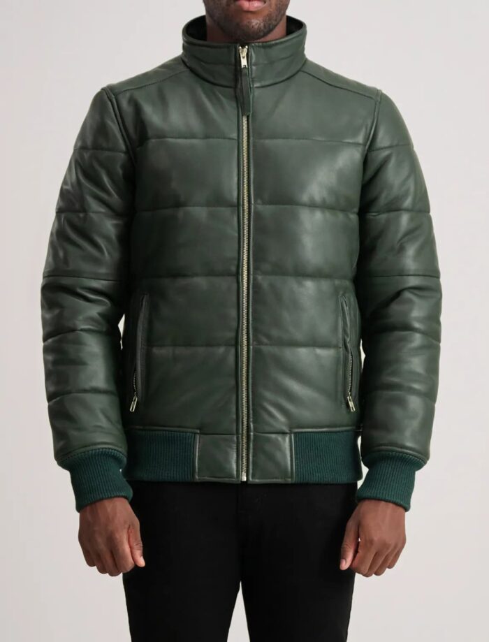 Aiden Green Leather Puffer Bomber Jacket for Men – Bold, Stylish, and Functional