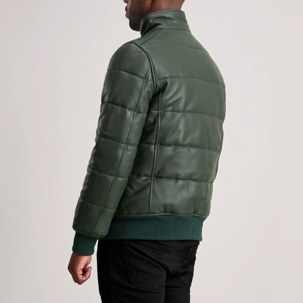 Aiden Green Leather Puffer Bomber Jacket for Men – Bold, Stylish, and Functional