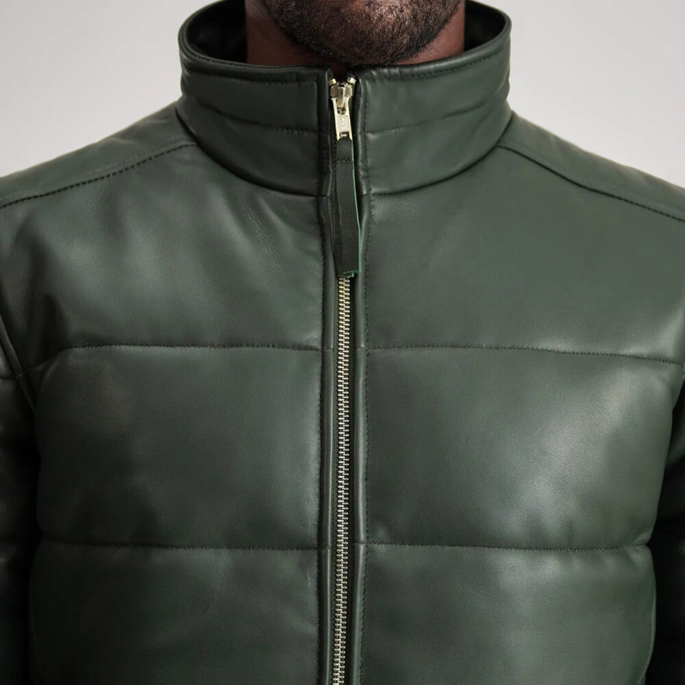 Aiden Green Leather Puffer Bomber Jacket for Men – Bold, Stylish, and Functional