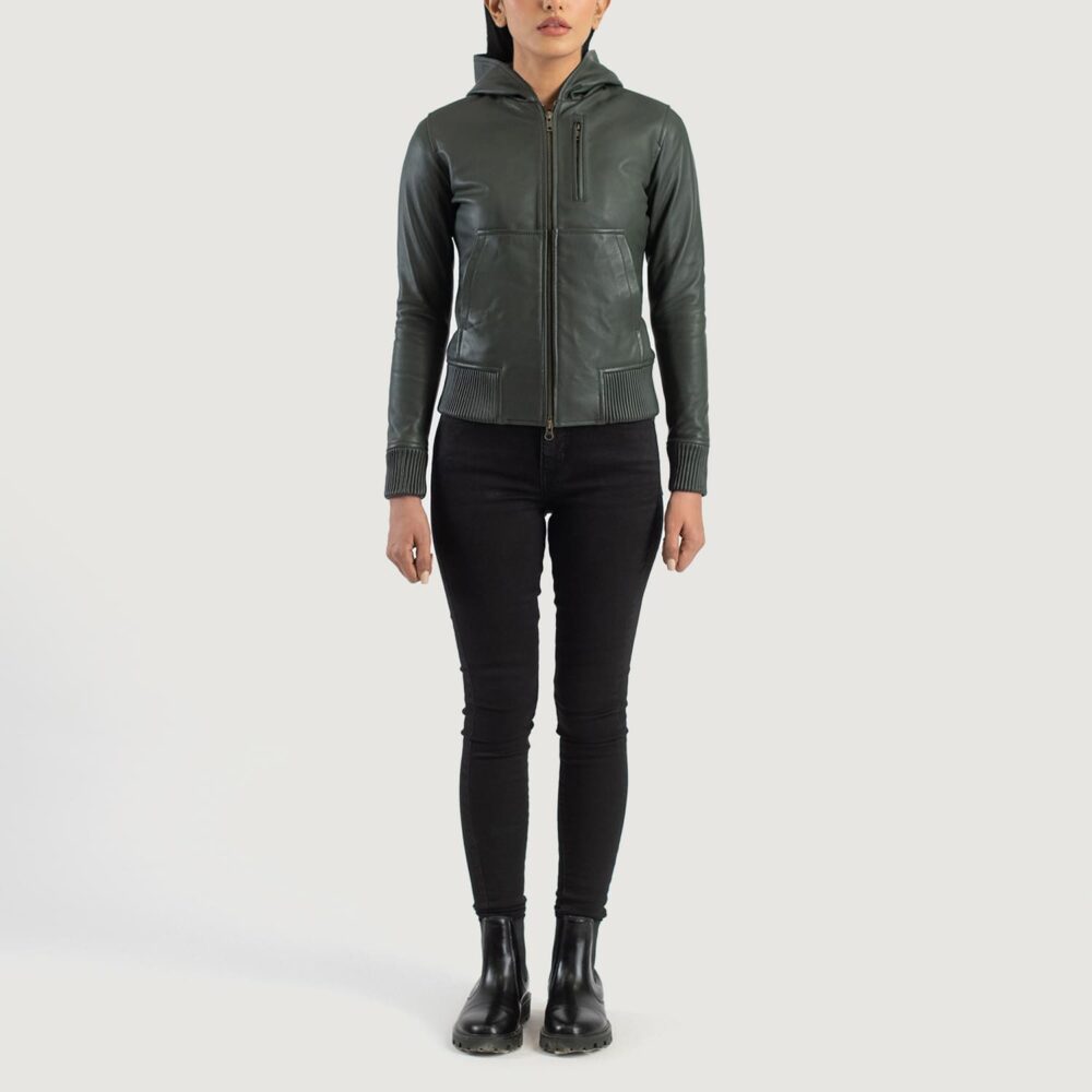 Isolde Green Hooded Leather Bomber Jacket for Women