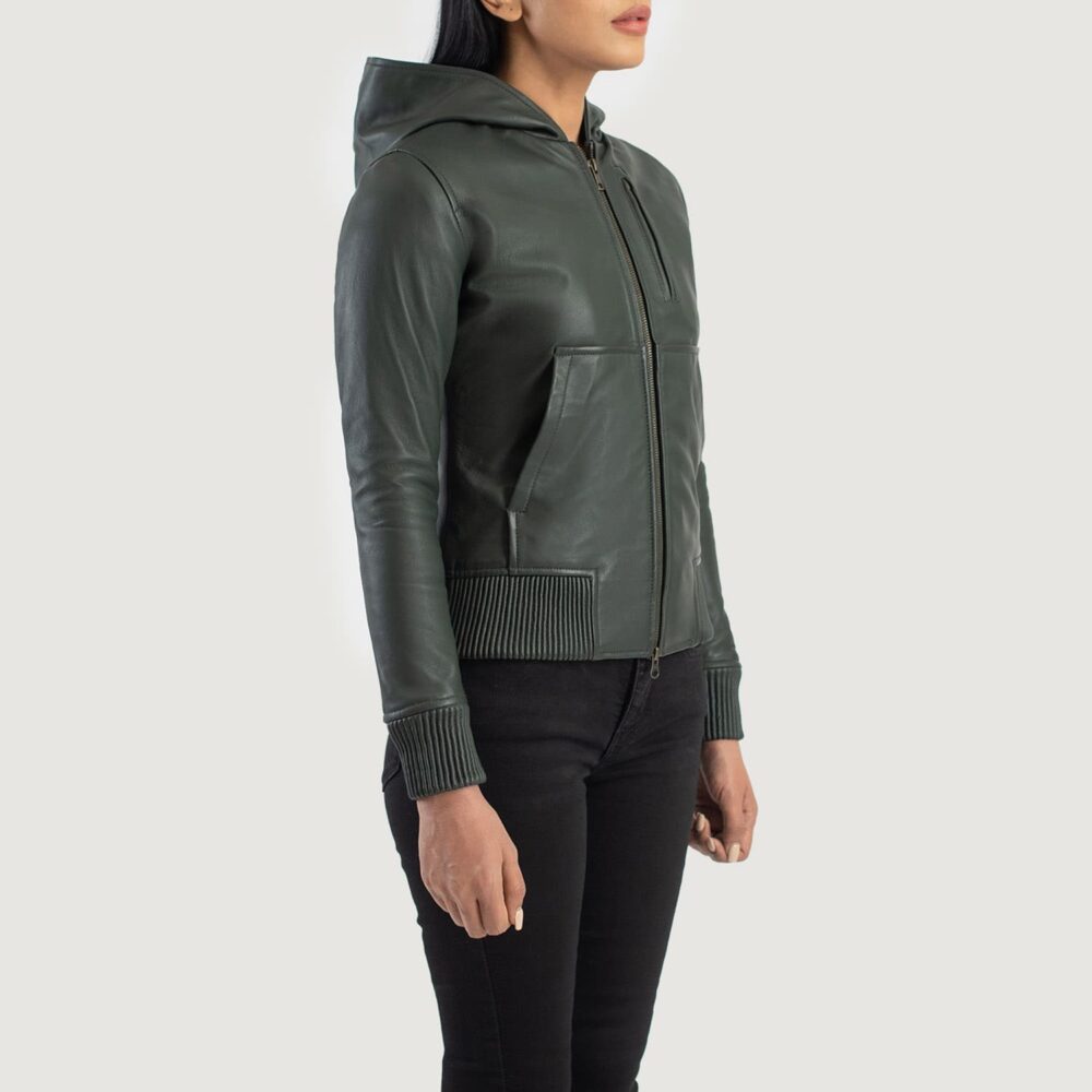 Isolde Green Hooded Leather Bomber Jacket for Women