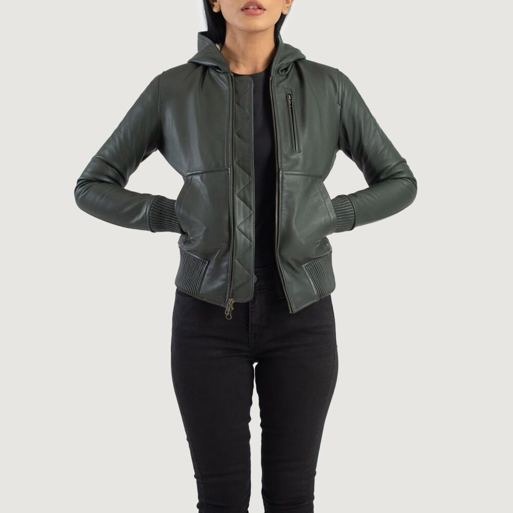 Isolde Green Hooded Leather Bomber Jacket for Women