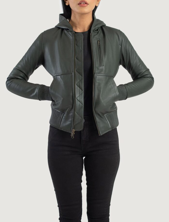 Isolde Green Hooded Leather Bomber Jacket for Women