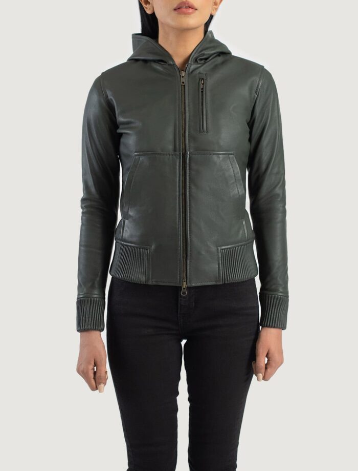 Isolde Green Hooded Leather Bomber Jacket for Women