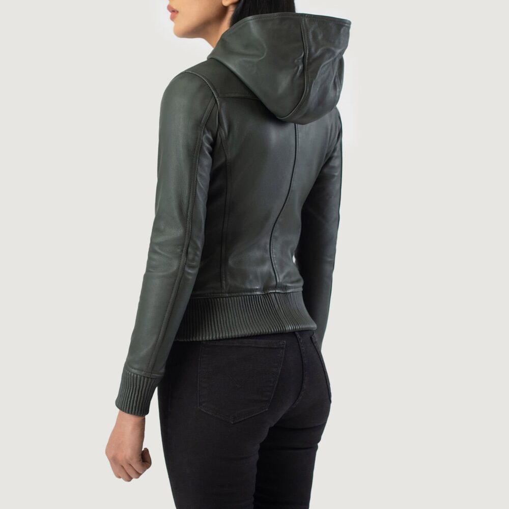 Isolde Green Hooded Leather Bomber Jacket for Women