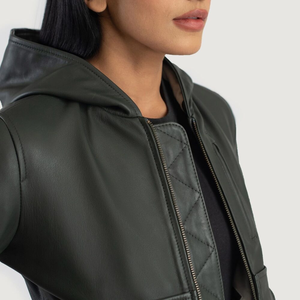 Isolde Green Hooded Leather Bomber Jacket for Women